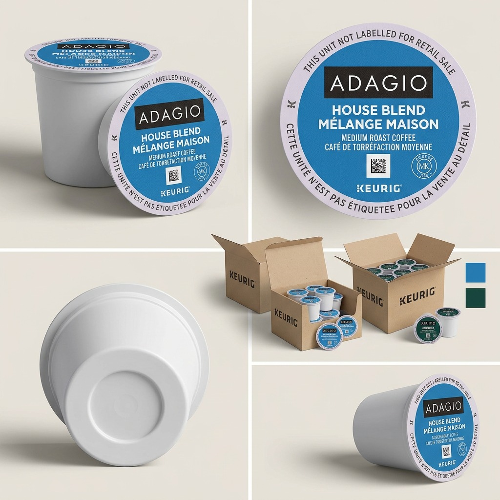 Grid of Van Houtte Adagio House Blend K-Cups showing lid details, bottom view, and bulk packaging.