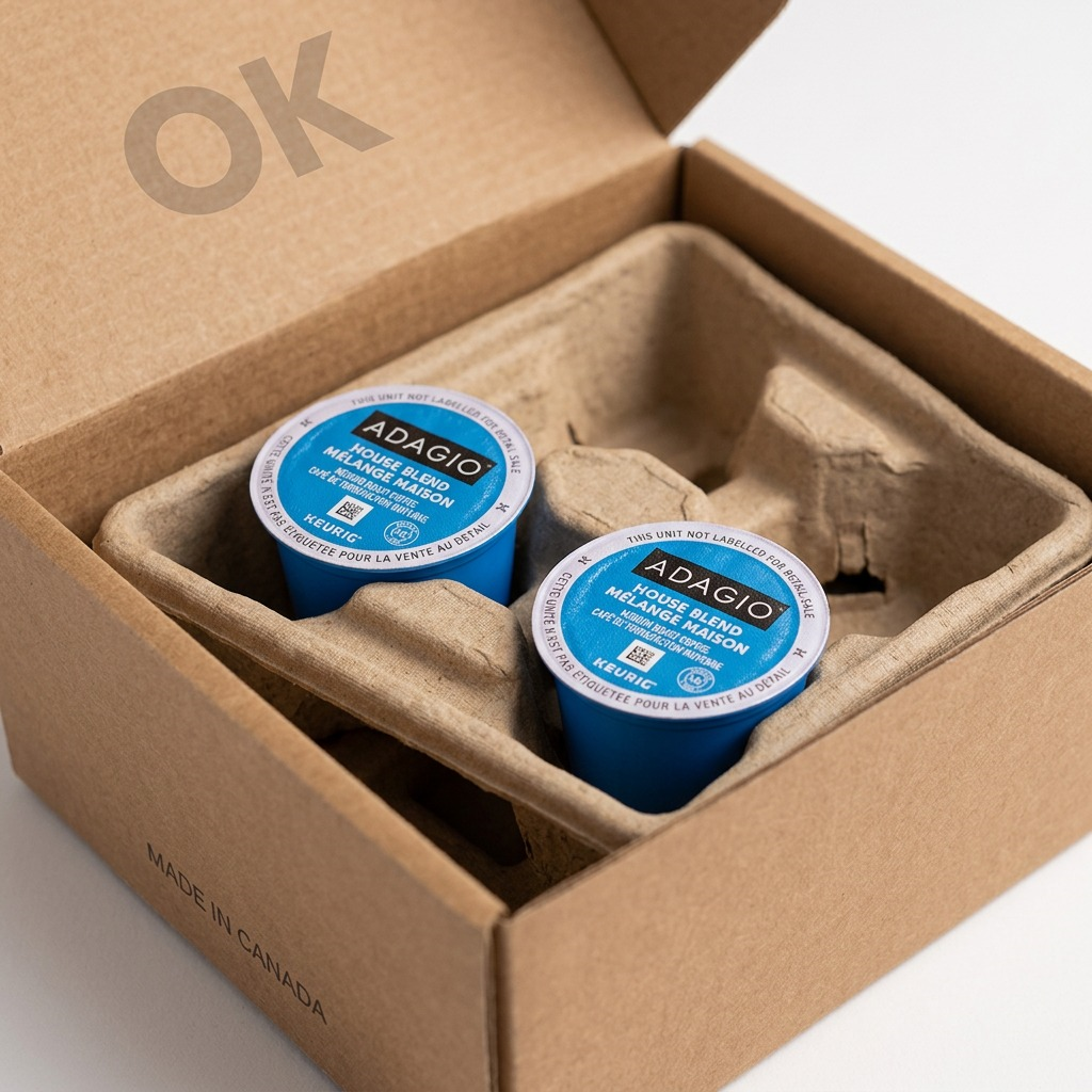Van Houtte Adagio House Blend K-Cups secured in a protective cardboard shipping box for delivery.