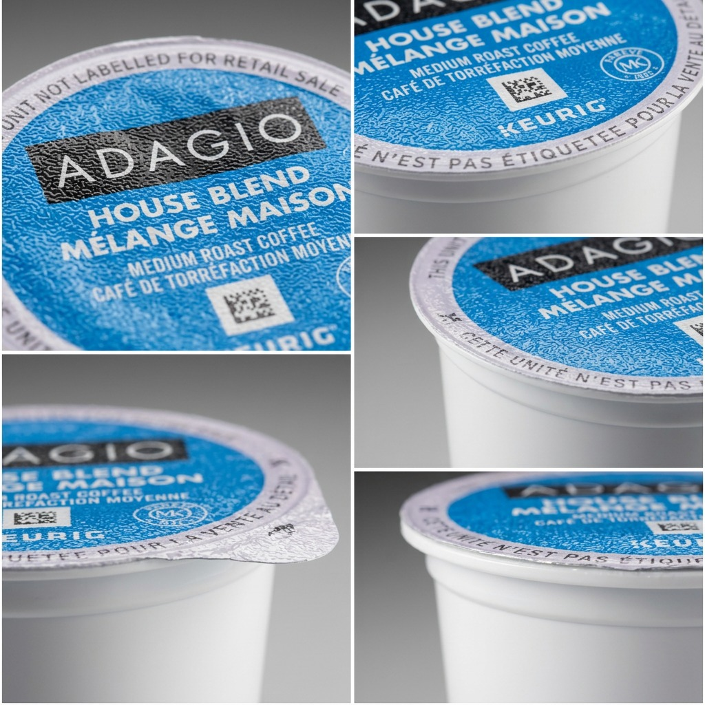 Macro details of Van Houtte Adagio House Blend K-Cup pods showing textured foil lids and branding.