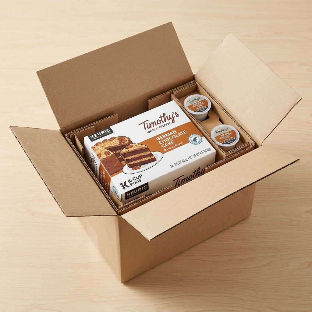 Timothy's German Chocolate Cake K-Cup coffee pods securely packed in a protective cardboard shipping box.