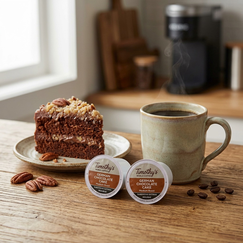 Timothy's German Chocolate Cake coffee K-Cups on a wooden table next to a steaming mug and cake.
