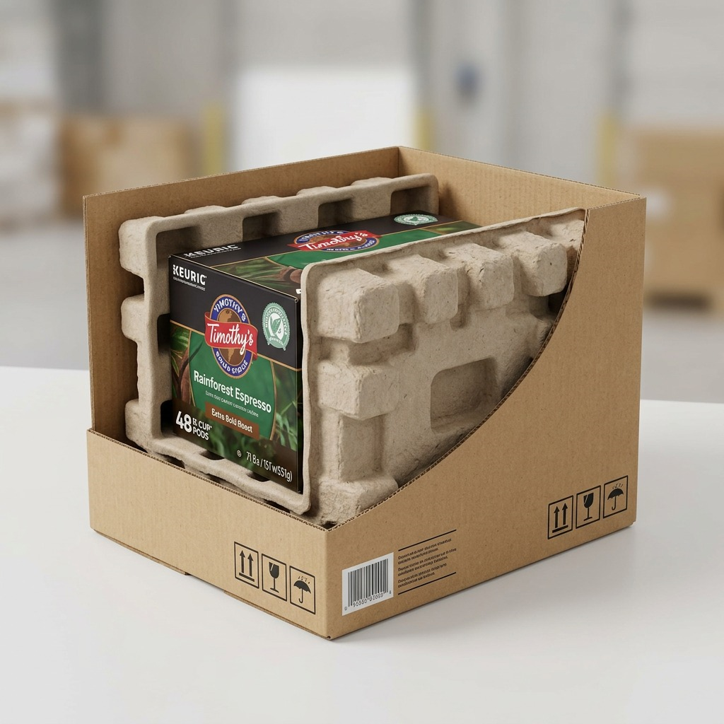Timothy's Rainforest Espresso K-Cups in a protective shipping box with molded pulp inserts.