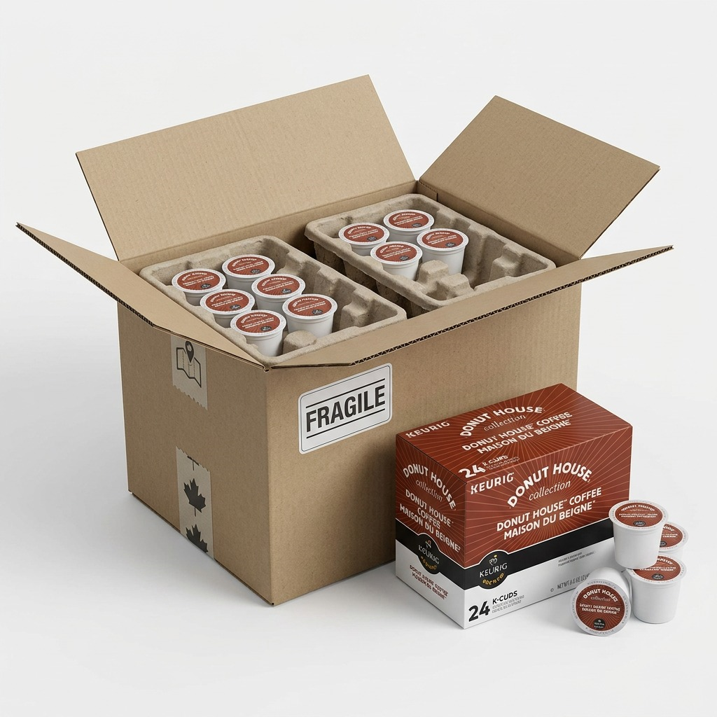 Donut House Light Roast K-Cup coffee pods securely packed in a protective cardboard shipping box.