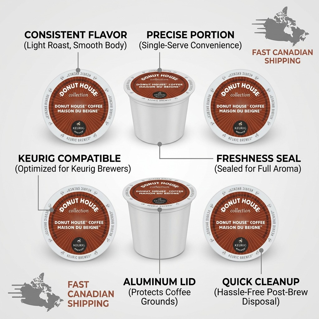 Donut House Light Roast K-Cup feature chart highlighting Keurig compatibility and fresh seals.