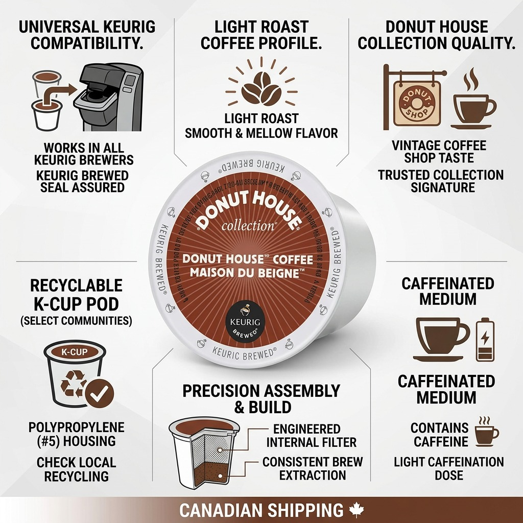 Infographic for Donut House Coffee K-Cups highlighting Keurig compatibility and light roast profile.