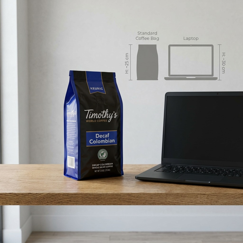 Timothy's Decaf Colombian Whole Bean Coffee bag on a desk next to a laptop showing relative scale.