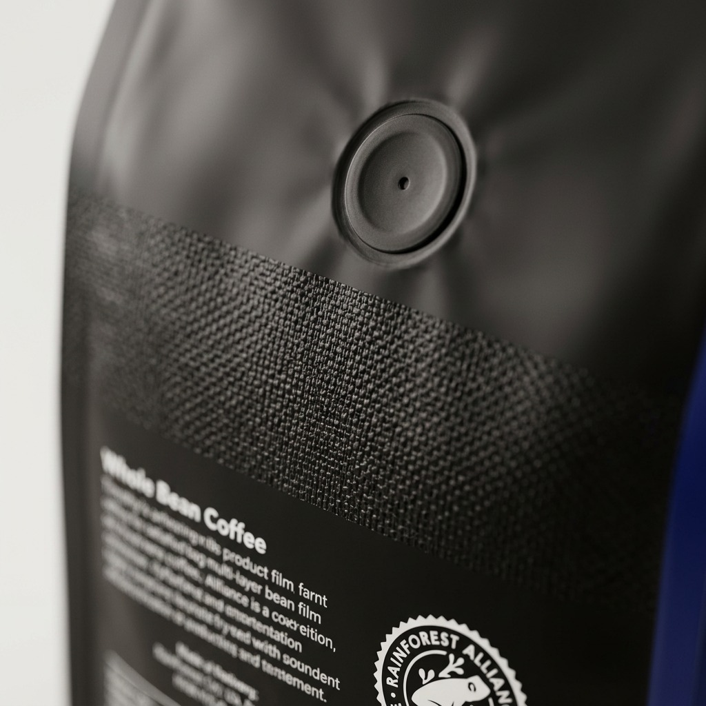 Macro view of Timothy's Decaf Colombian Coffee bag showing the freshness valve and textured seal.