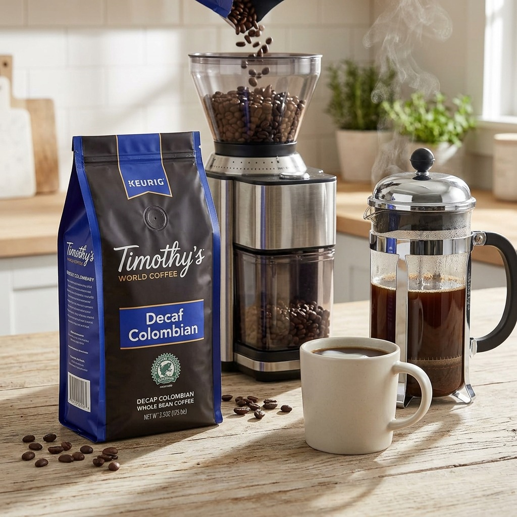 Timothy's Decaf Colombian Whole Bean coffee bag next to a grinder, french press, and steaming mug.