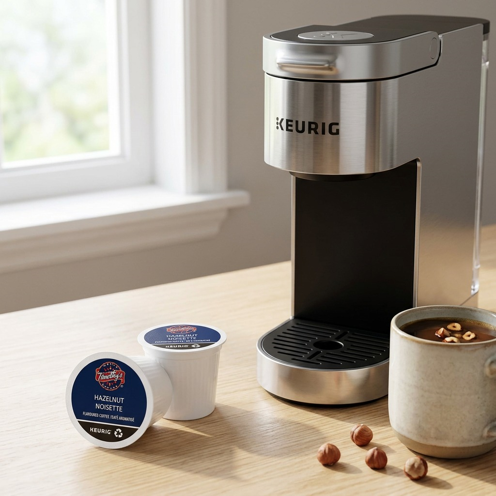 Timothy's Hazelnut K-Cup pods next to a Keurig brewer and a cup of coffee with whole hazelnuts.