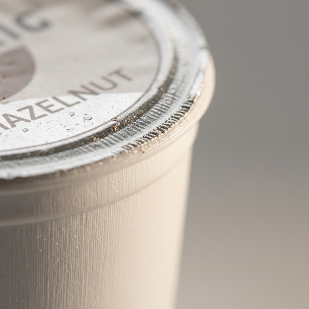Macro detail of a Timothy's Hazelnut K-Cup pod showing the foil seal and textured plastic rim.