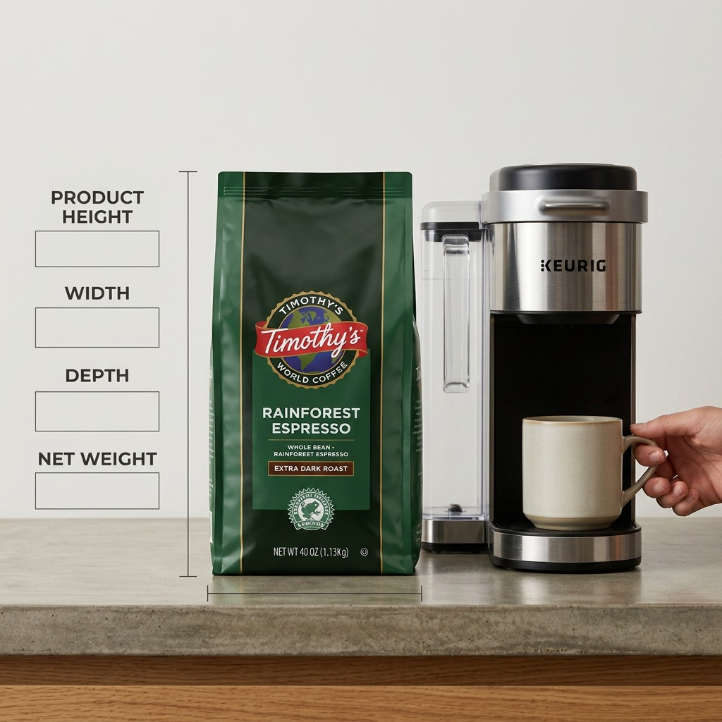 Timothy's Rainforest Espresso 1.13kg coffee bag shown next to a Keurig machine for scale.
