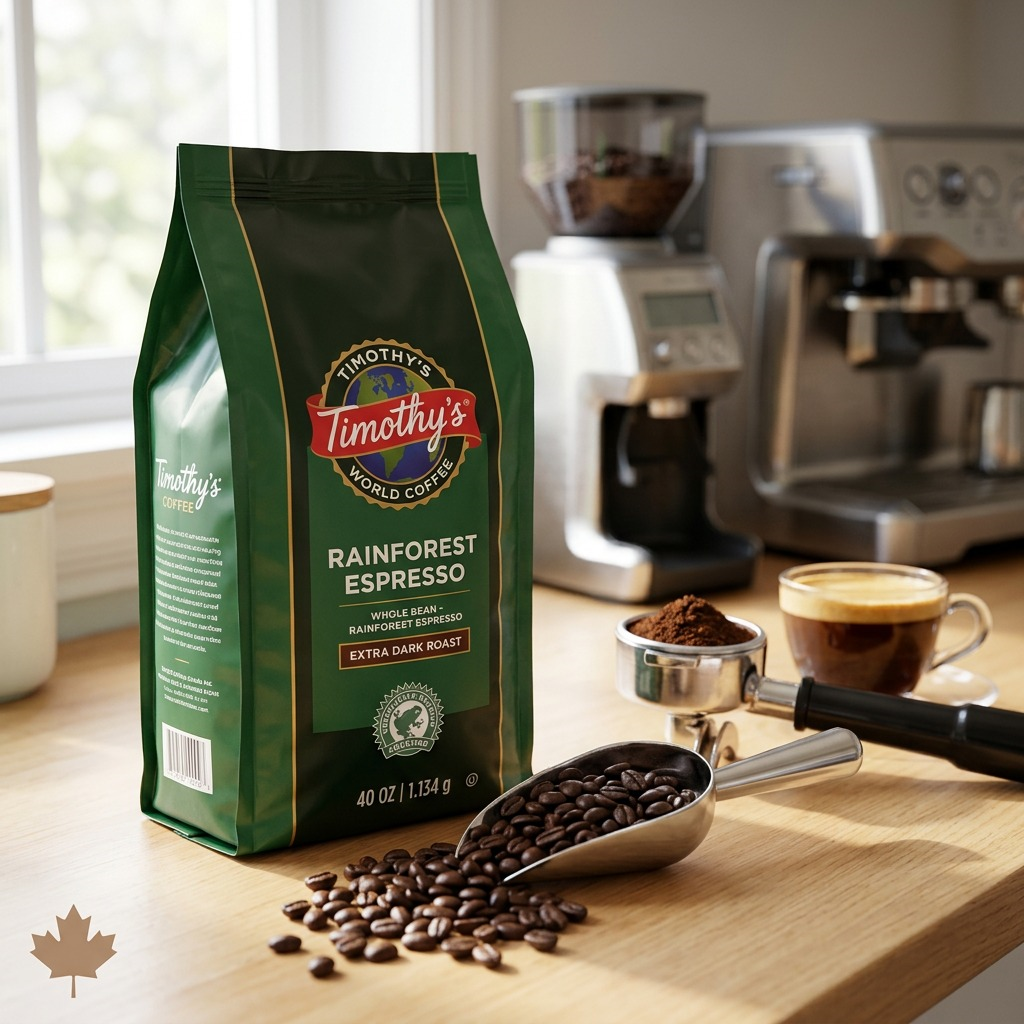 Timothy's Rainforest Espresso Whole Bean Coffee bag on a kitchen counter with an espresso machine.