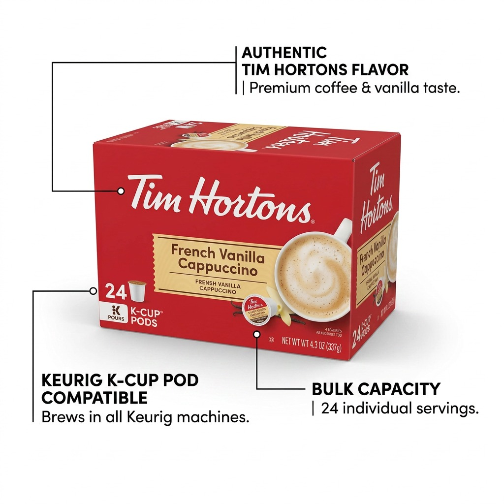 Tim Hortons French Vanilla Cappuccino 24-pack K-Cups, showing Keurig compatibility and flavor info.