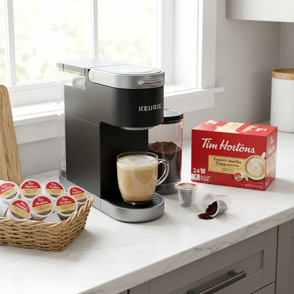 Tim Hortons French Vanilla Cappuccino K-Cups in a basket next to a Keurig brewer and brewed cup.