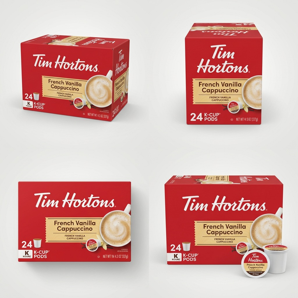 Four views of the Tim Hortons French Vanilla Cappuccino 24-pack box and individual K-Cup pods.