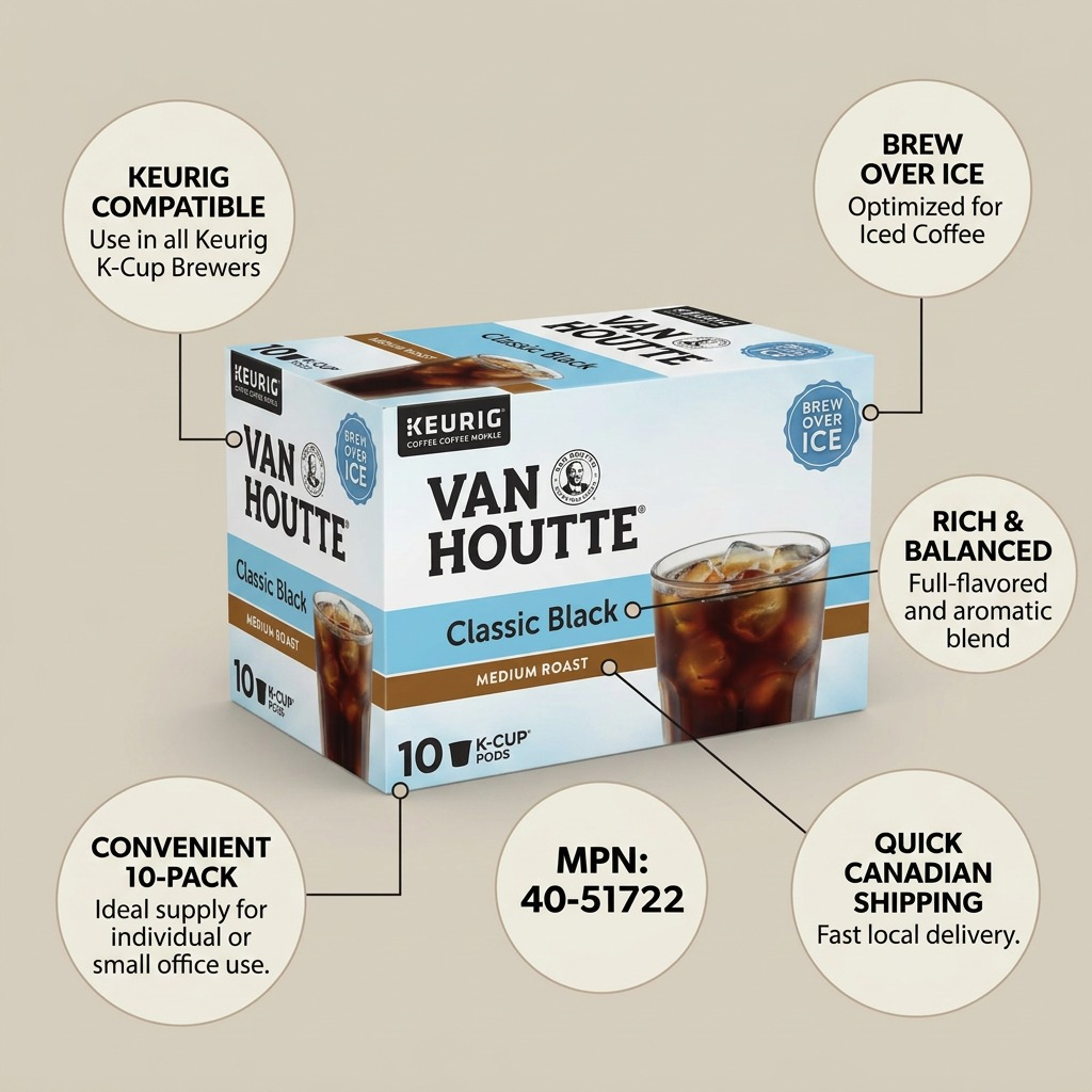 Van Houtte Classic Black 10-pack medium roast K-Cups with feature callouts for Keurig compatibility.
