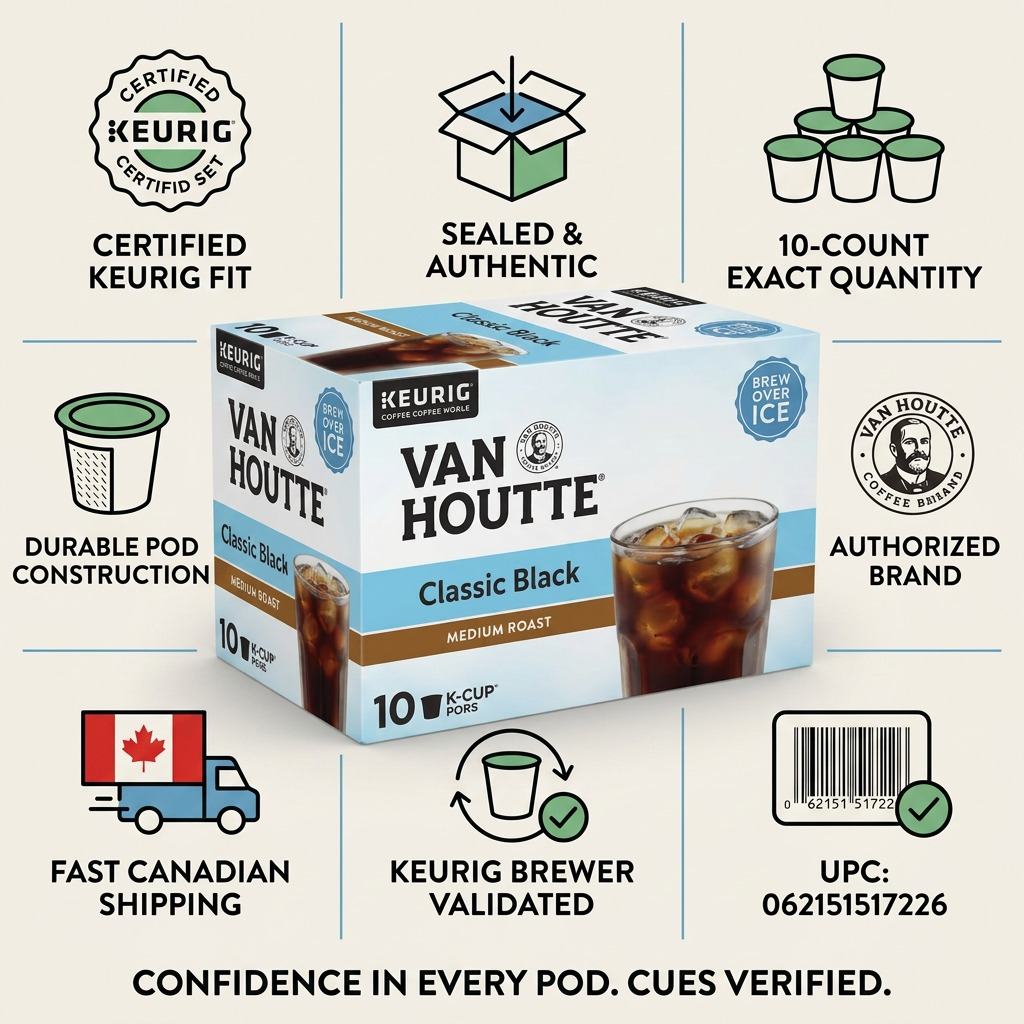 Infographic for Van Houtte Classic Black 10-count K-Cups showing Keurig certification and Canadian shipping.