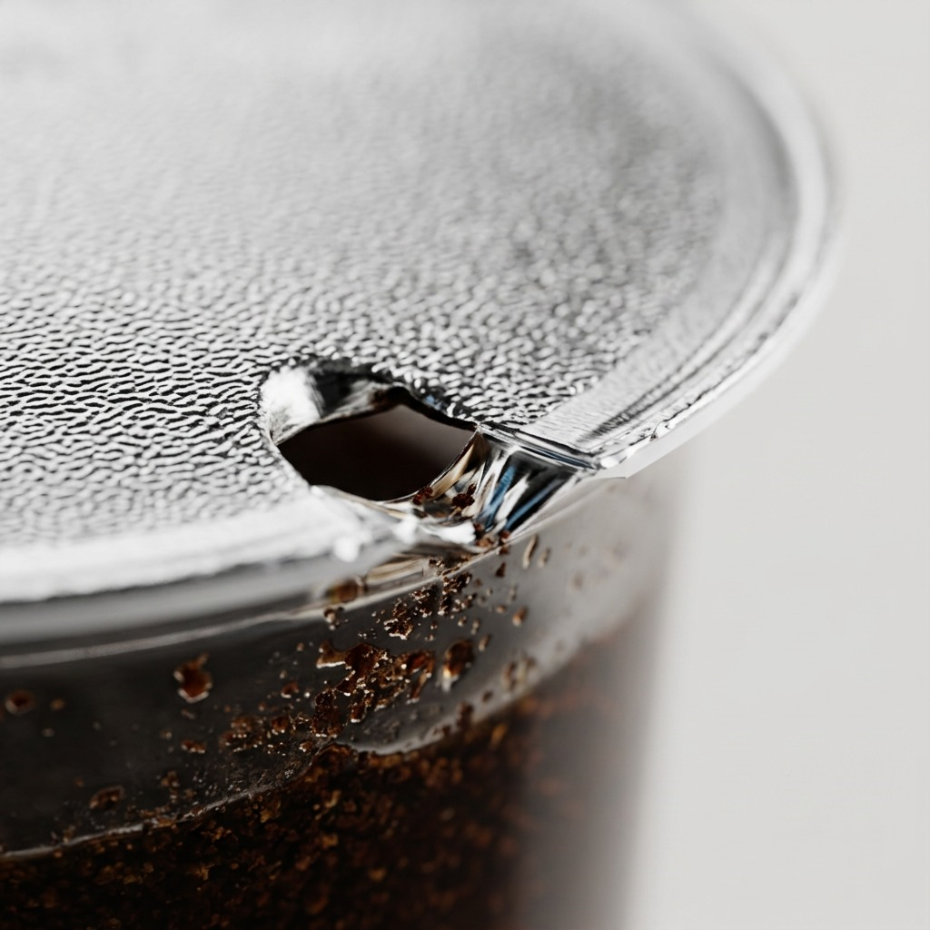 Macro detail of a Van Houtte K-Cup showing the textured foil seal and coffee grounds inside.