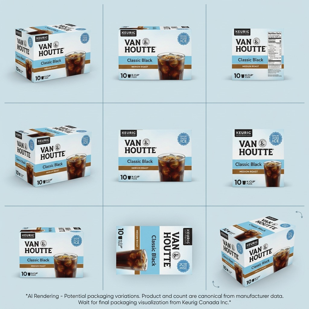 Grid displaying Van Houtte Classic Black 10-pack K-Cups from multiple angles and box sides.