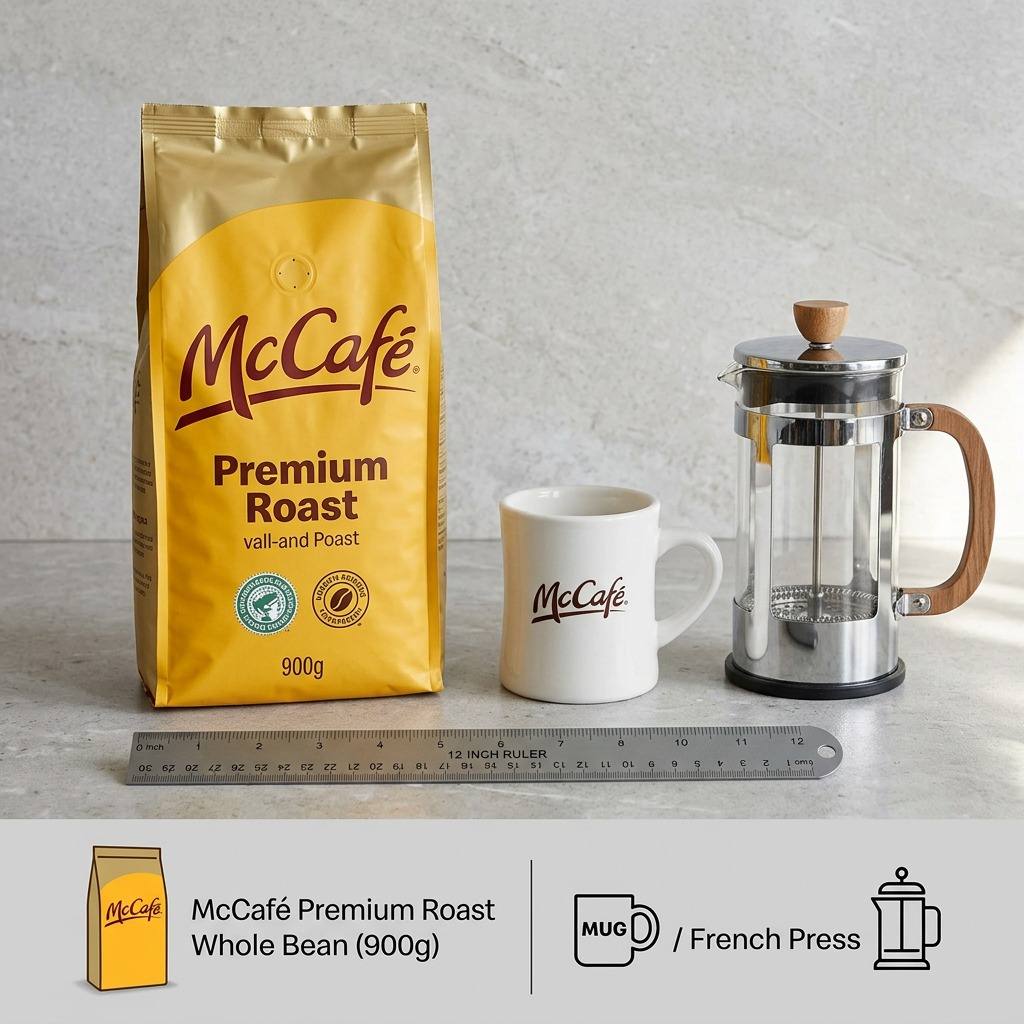 900g McCafé Premium Roast Whole Bean bag shown next to a 12-inch ruler, coffee mug, and french press.