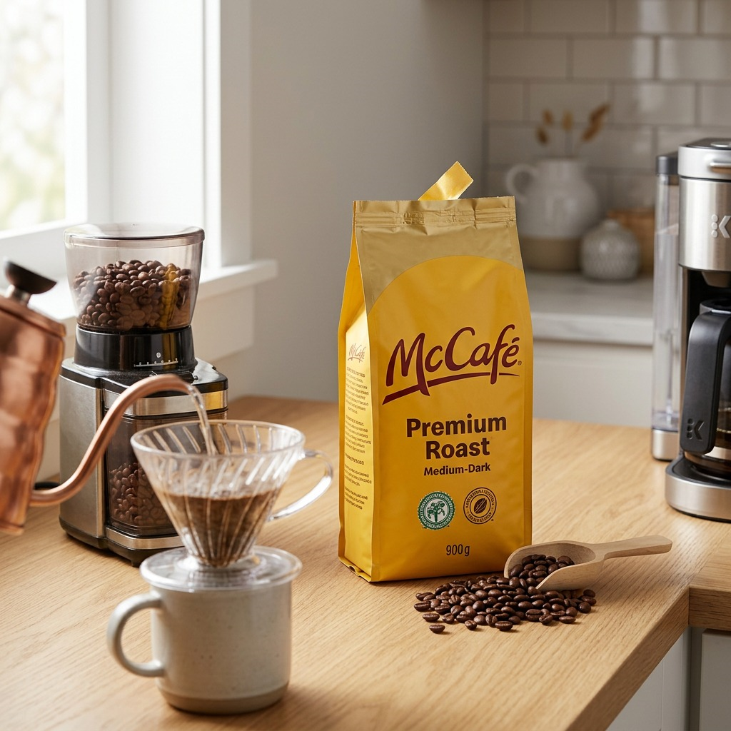 900g bag of McCafé Premium Roast Whole Bean Coffee on a kitchen counter with a grinder and pour over coffee.
