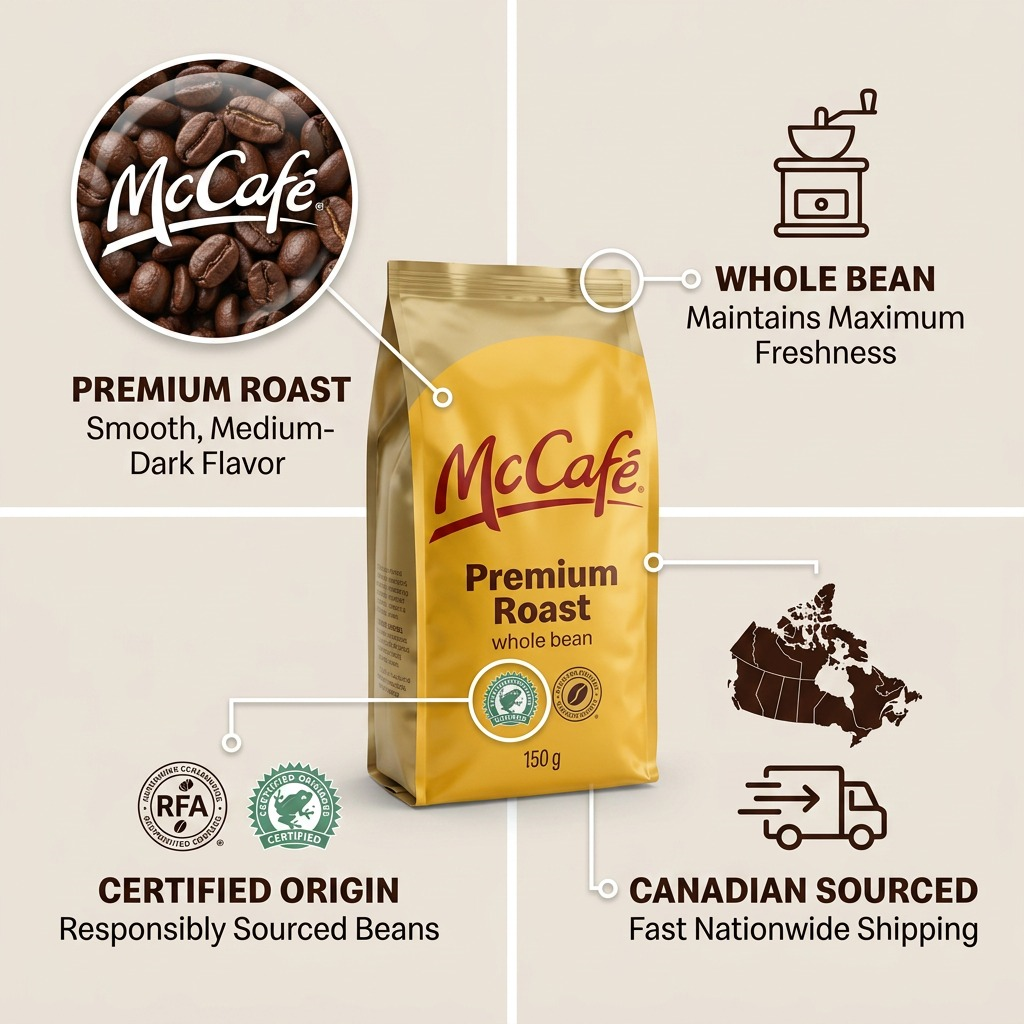 Feature graphic for McCafé Premium Roast Whole Bean Coffee highlighting freshness and RFA certification.