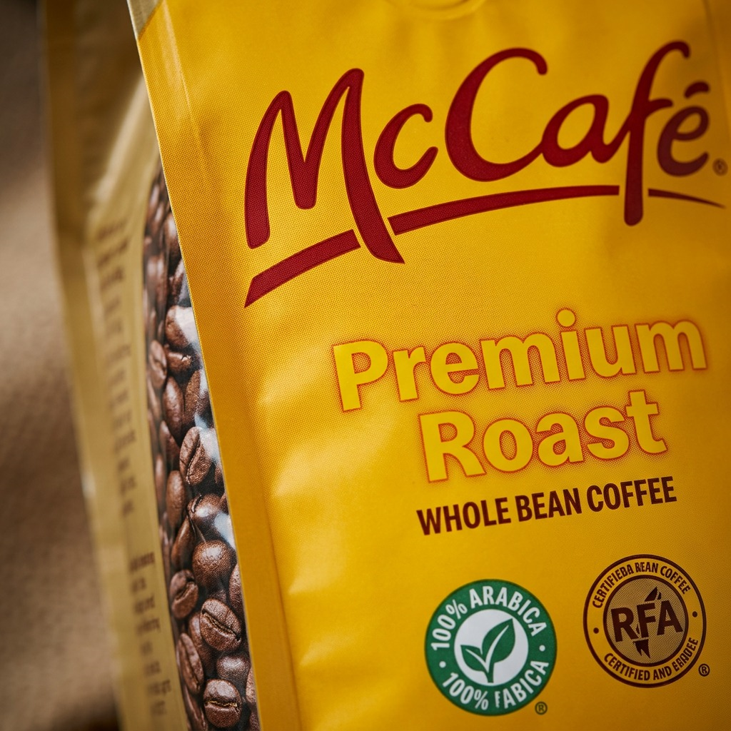 Macro detail of McCafé Premium Roast Whole Bean Coffee bag showing RFA and 100% Arabica logos.