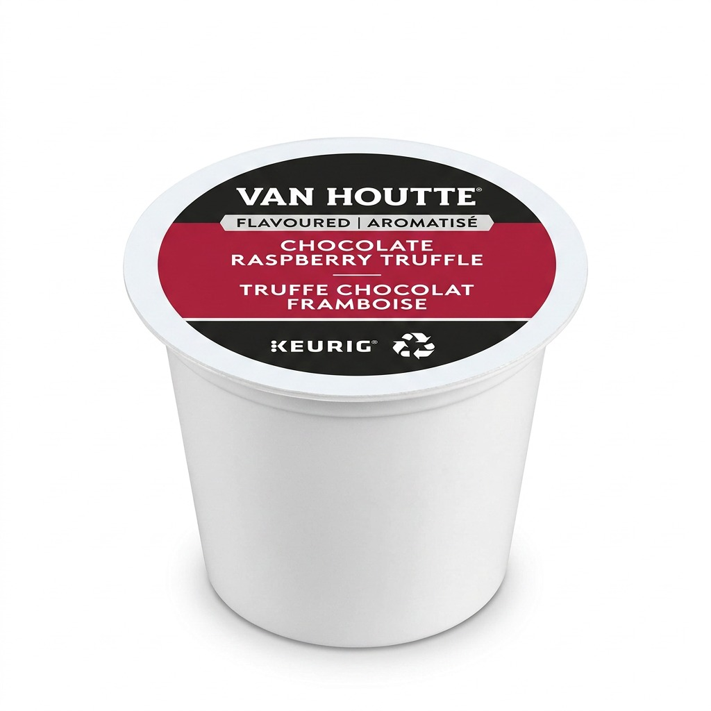 Van Houtte Raspberry Chocolate Truffle coffee K-Cup pod for Keurig brewers on a white background.
