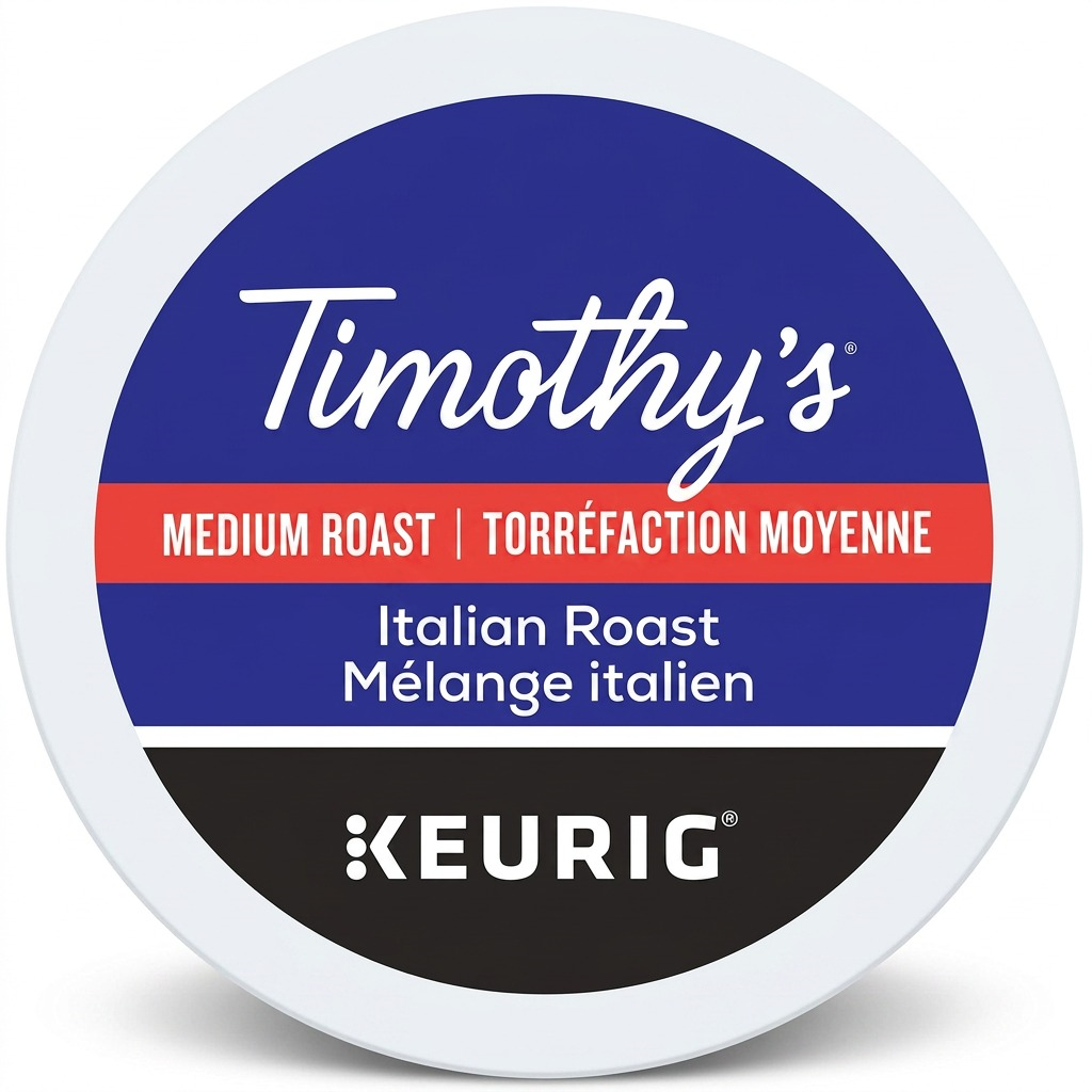 Top view of a Timothy's Italian Roast Medium Roast K-Cup coffee pod for Keurig brewers.