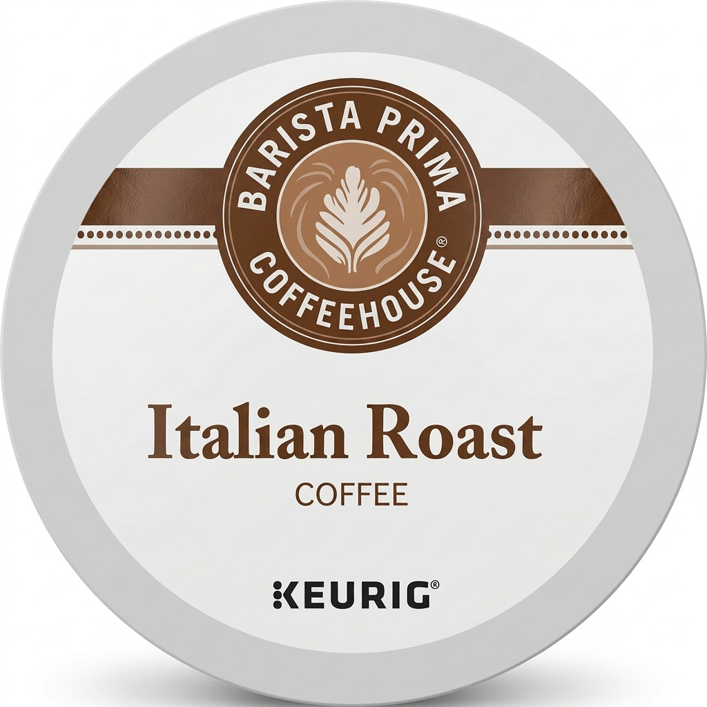 A Barista Prima Italian Roast Coffee K-Cup pod for Keurig brewers against a white background.