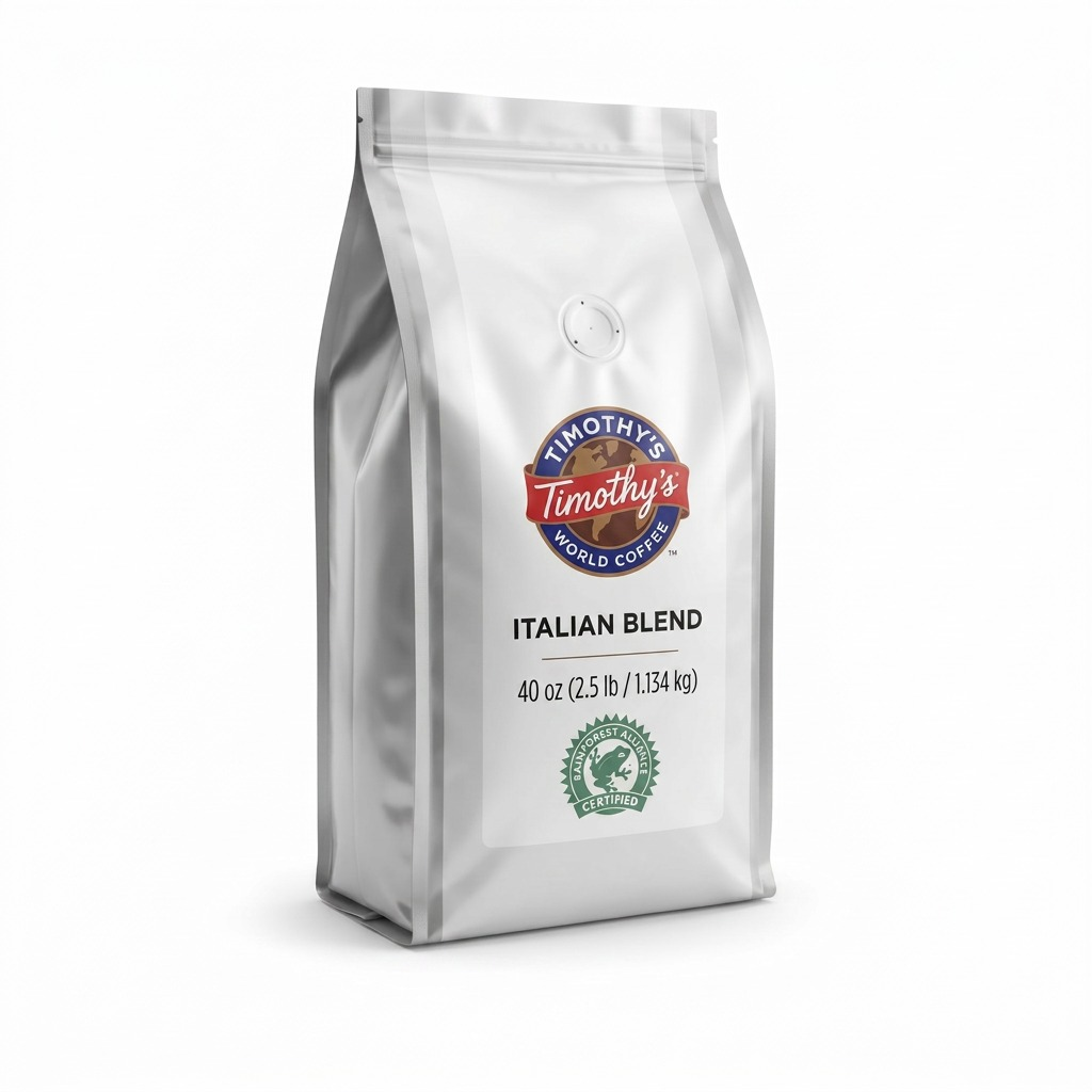 Timothy's Italian Blend whole bean coffee 40oz silver bag, Rainforest Alliance Certified.