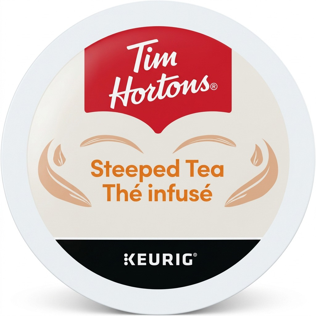Top view of a Tim Hortons Steeped Tea Keurig K-Cup pod with red logo on a white background.