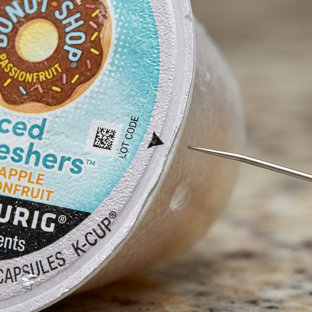 Macro detail of a The Original Donut Shop Pineapple Passionfruit Refreshers K-Cup foil lid seal.