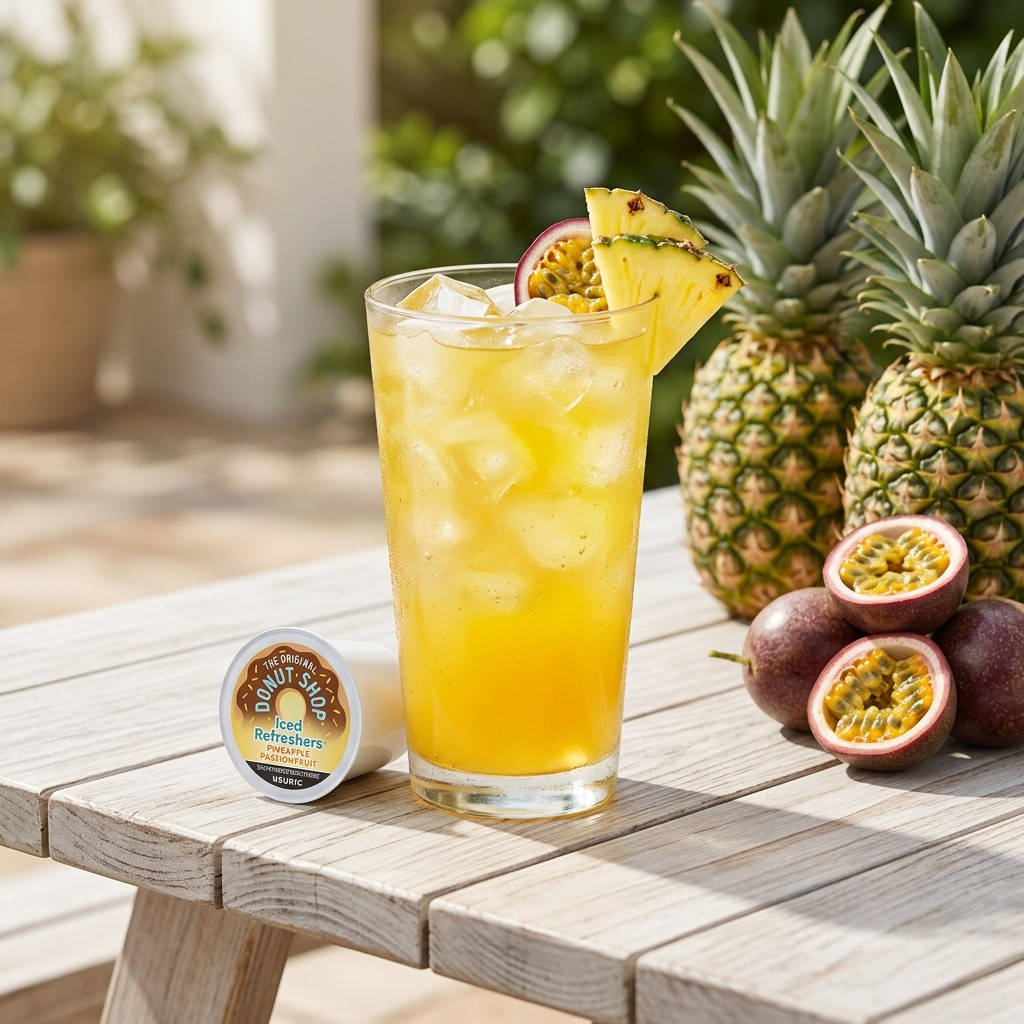 Original Donut Shop Pineapple Refresher K-Cup next to an iced glass with fresh pineapple garnish.