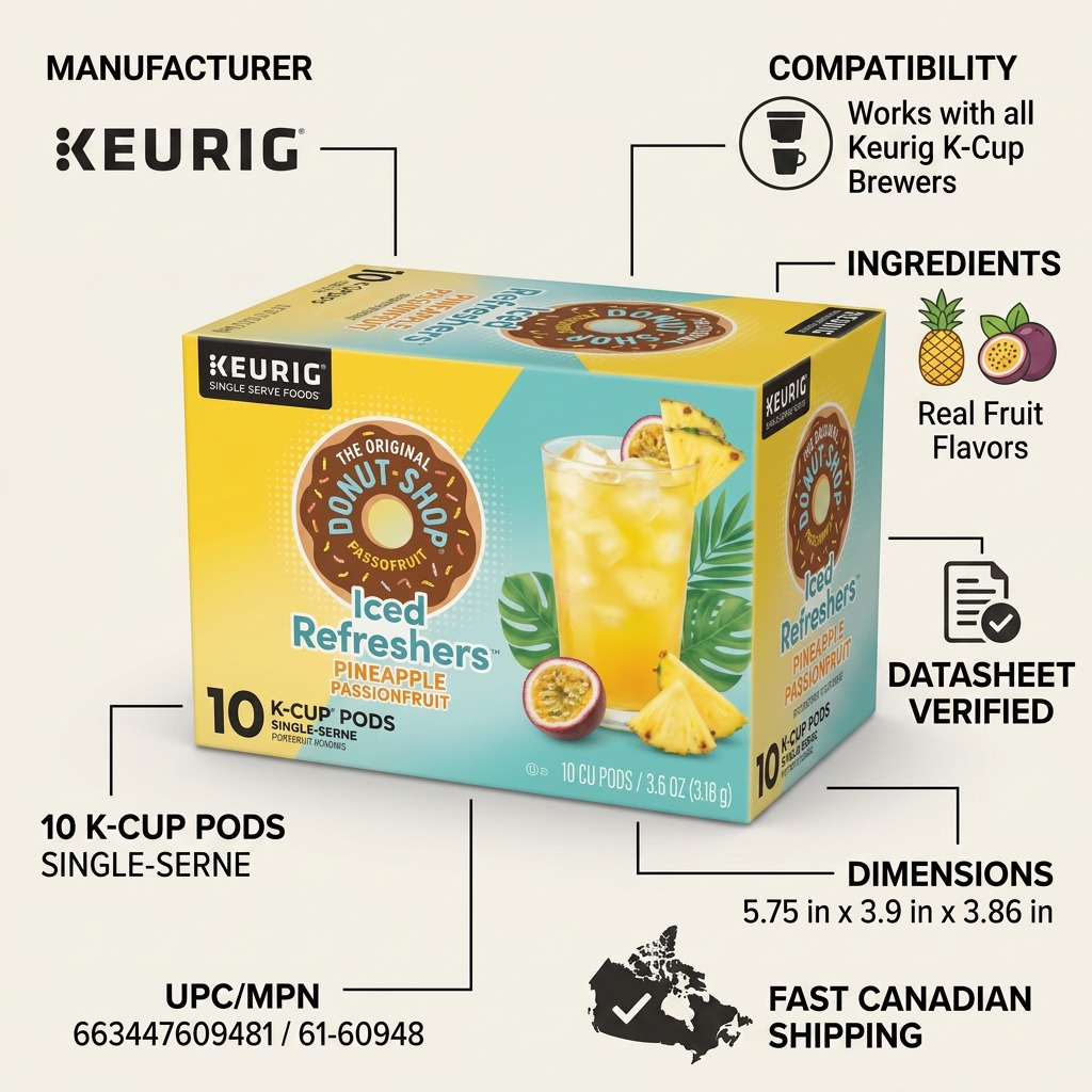 Infographic for Keurig Donut Shop Pineapple Passionfruit Refreshers, showing 10 K-Cup pods and specs.