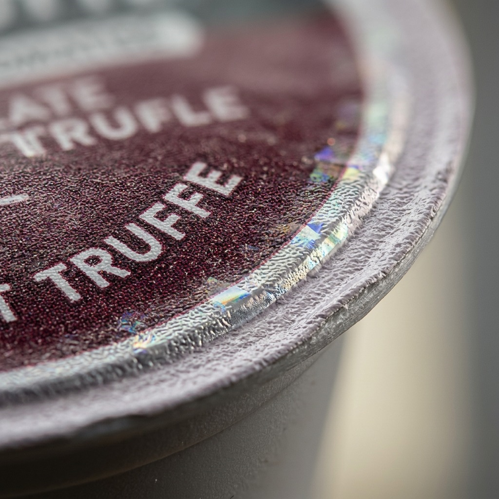 Macro detail of a Van Houtte Raspberry Chocolate Truffle K-Cup pod showing the foil seal texture.