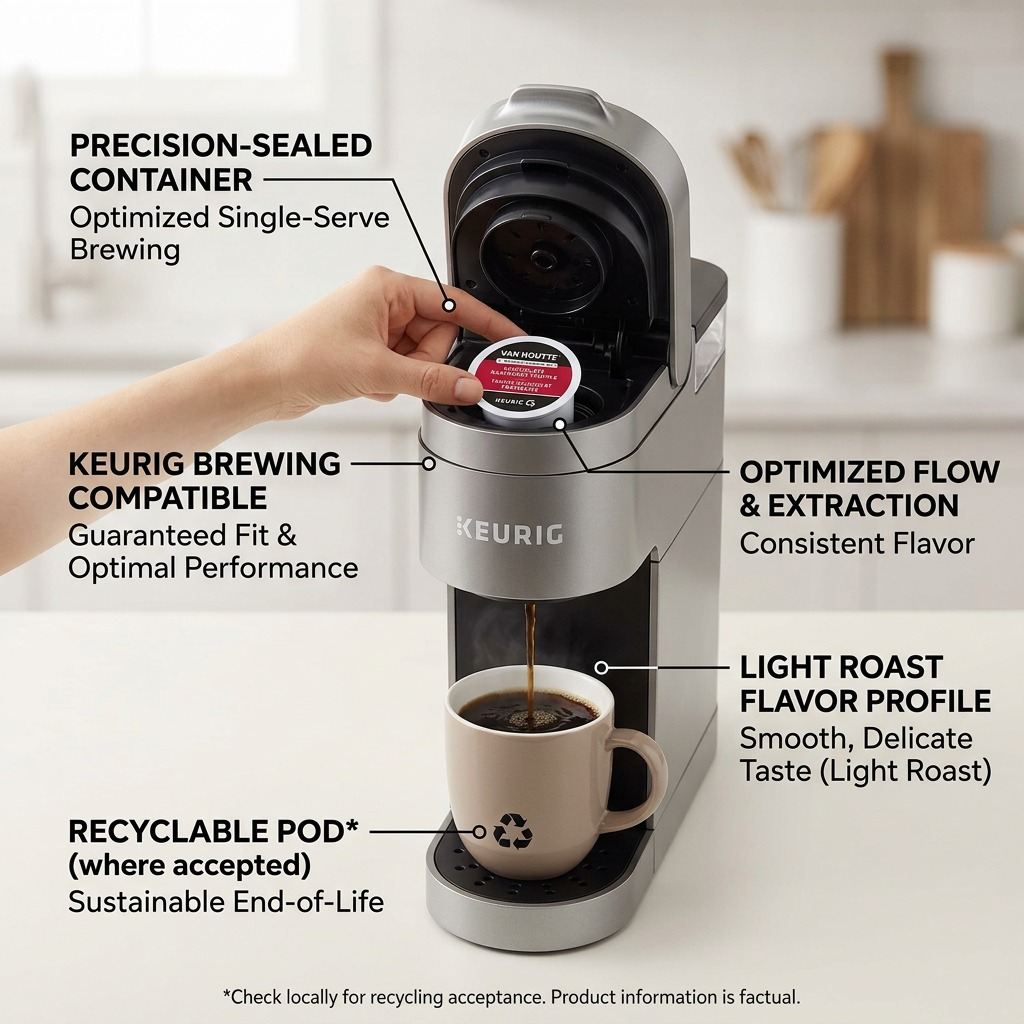 Van Houtte Raspberry Chocolate Truffle K-Cup features shown with a Keurig brewer and coffee mug.