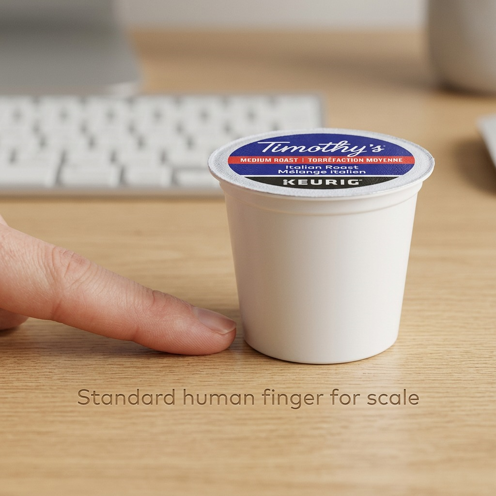Timothy's Italian Blend Keurig K-Cup pod on a desk next to a human finger for scale reference.