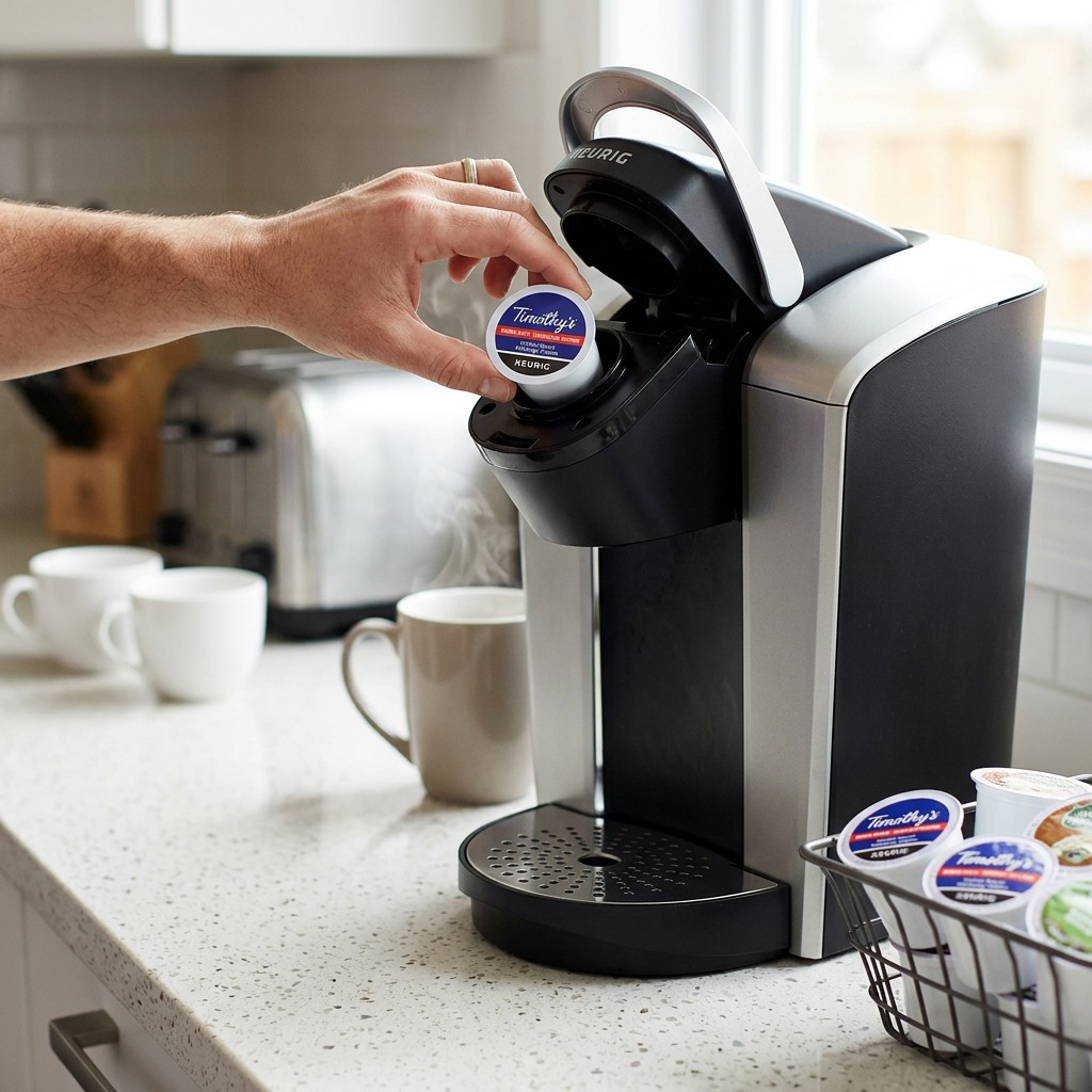 A hand placing a Timothy's Italian Blend dark roast K-Cup pod into a Keurig brewer in a kitchen.