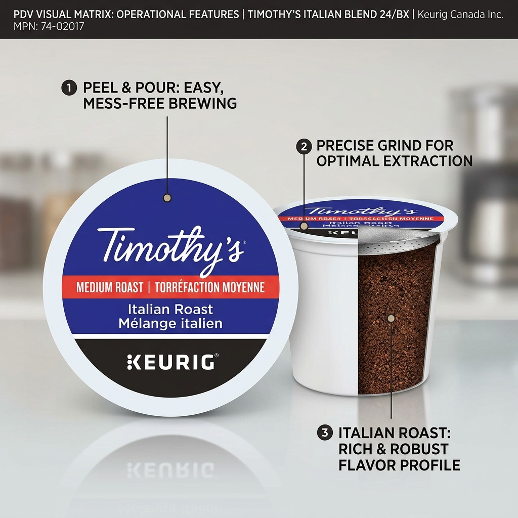 Timothy's Italian Blend Keurig K-Cups feature callout highlighting mess-free lid and precise grind.