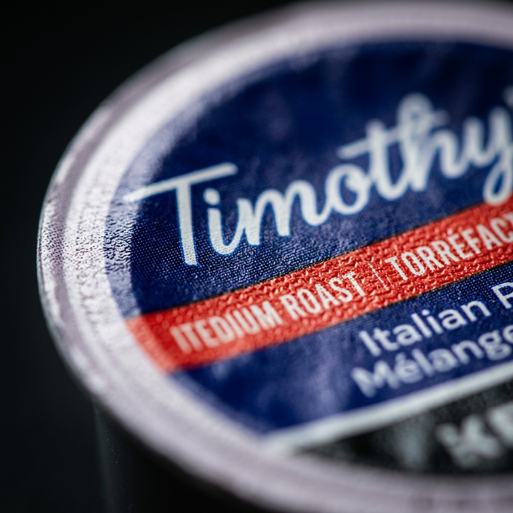 Macro close-up of the foil lid on a Timothy's Italian Blend K-Cup coffee pod.