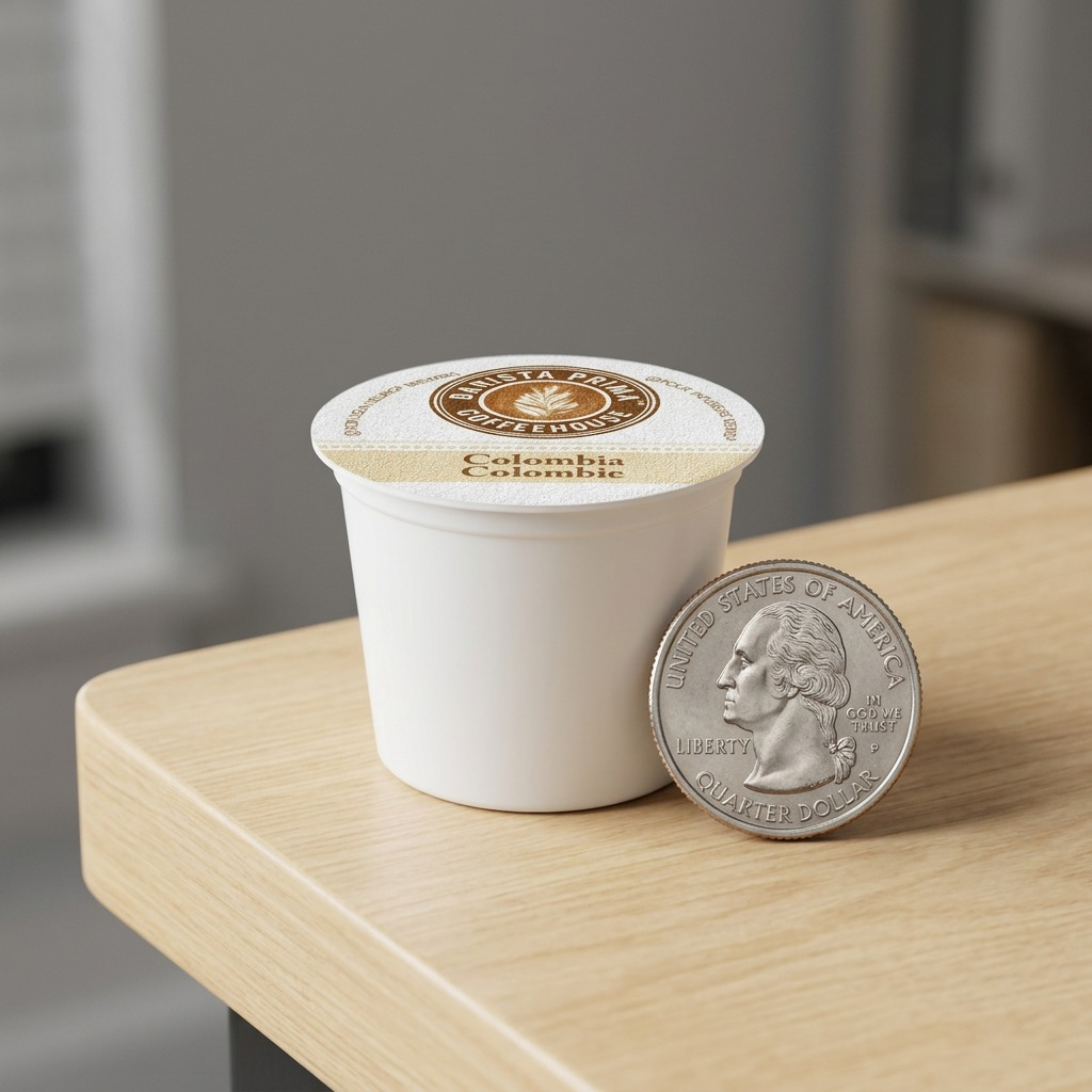Barista Prima Colombian K-Cup pod sitting next to a U.S. quarter on a wooden desk for scale.