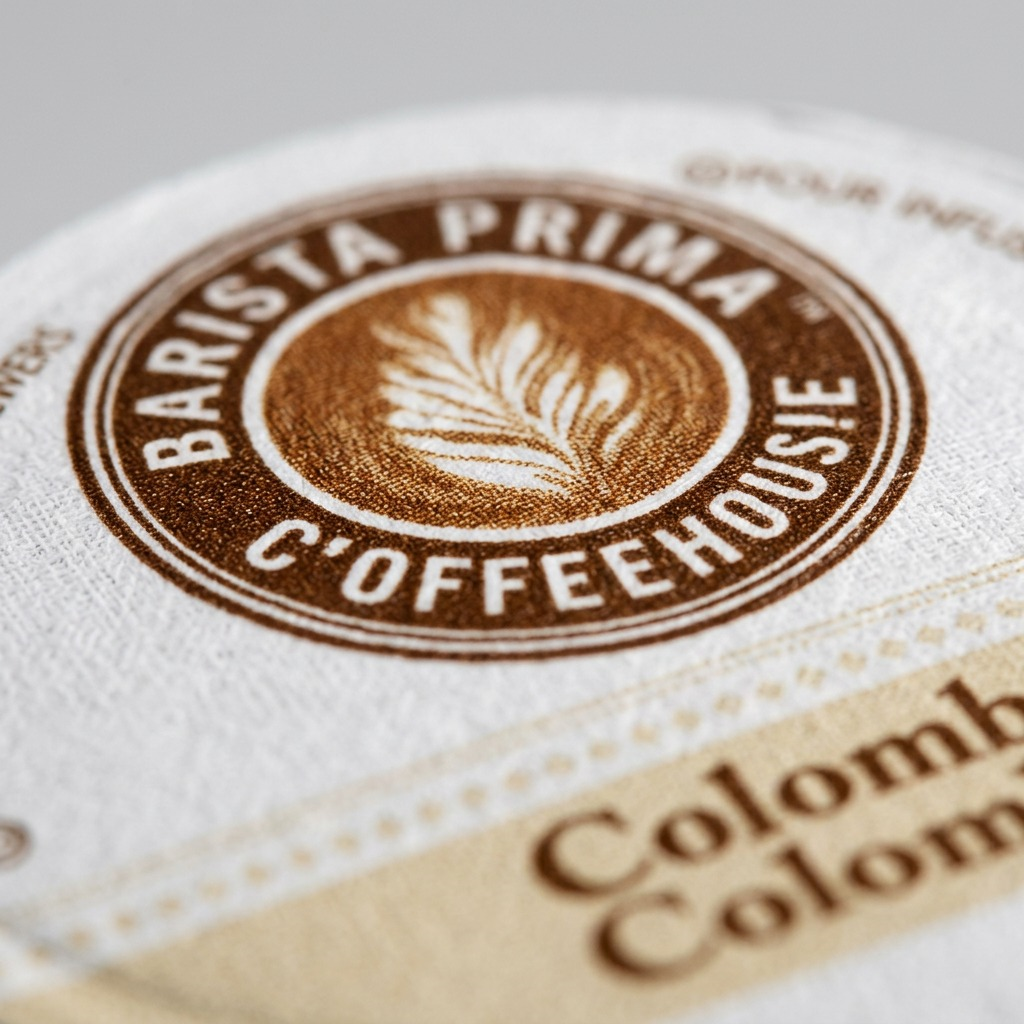 Macro detail of a Barista Prima Colombian Coffee K-Cup foil lid showing textured print and logo.