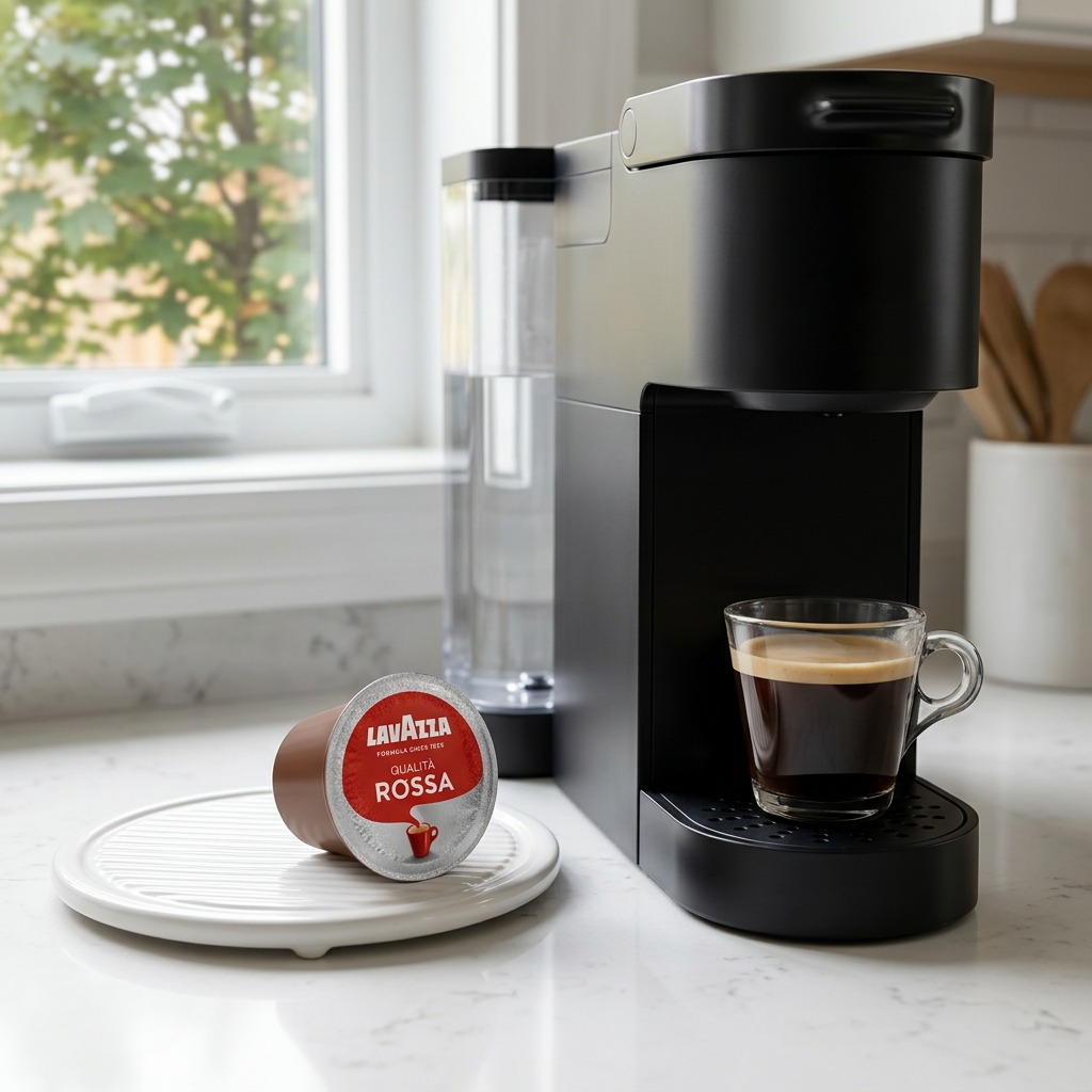 A Lavazza Qualità Rossa K-Cup pod next to a black single-serve coffee machine and freshly brewed cup.