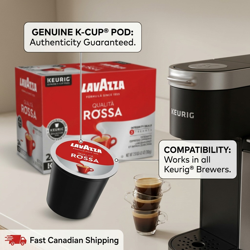 Lavazza Qualità Rossa K-Cup pod and box beside a Keurig brewer highlighting machine compatibility.