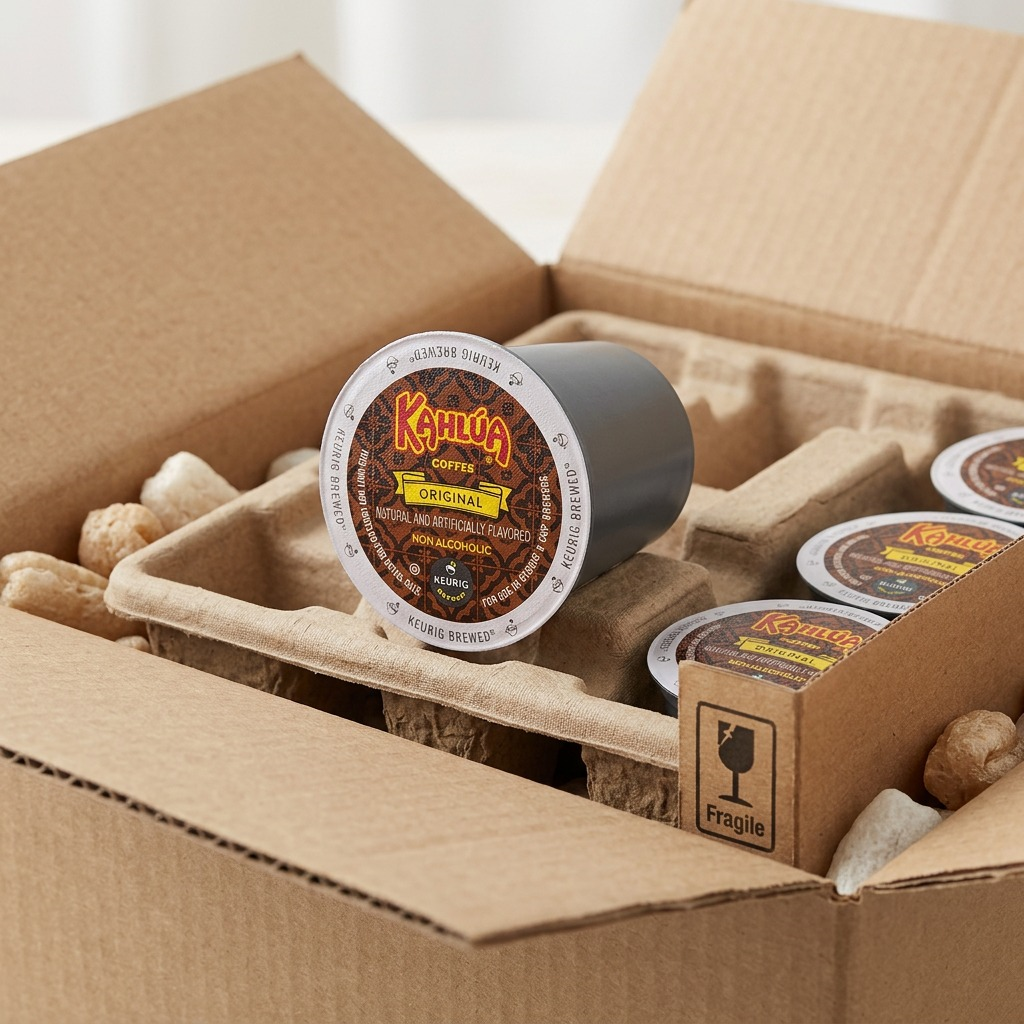 Kahlúa Original Coffee K-Cup pods inside a shipping box with protective fiber tray and peanuts.