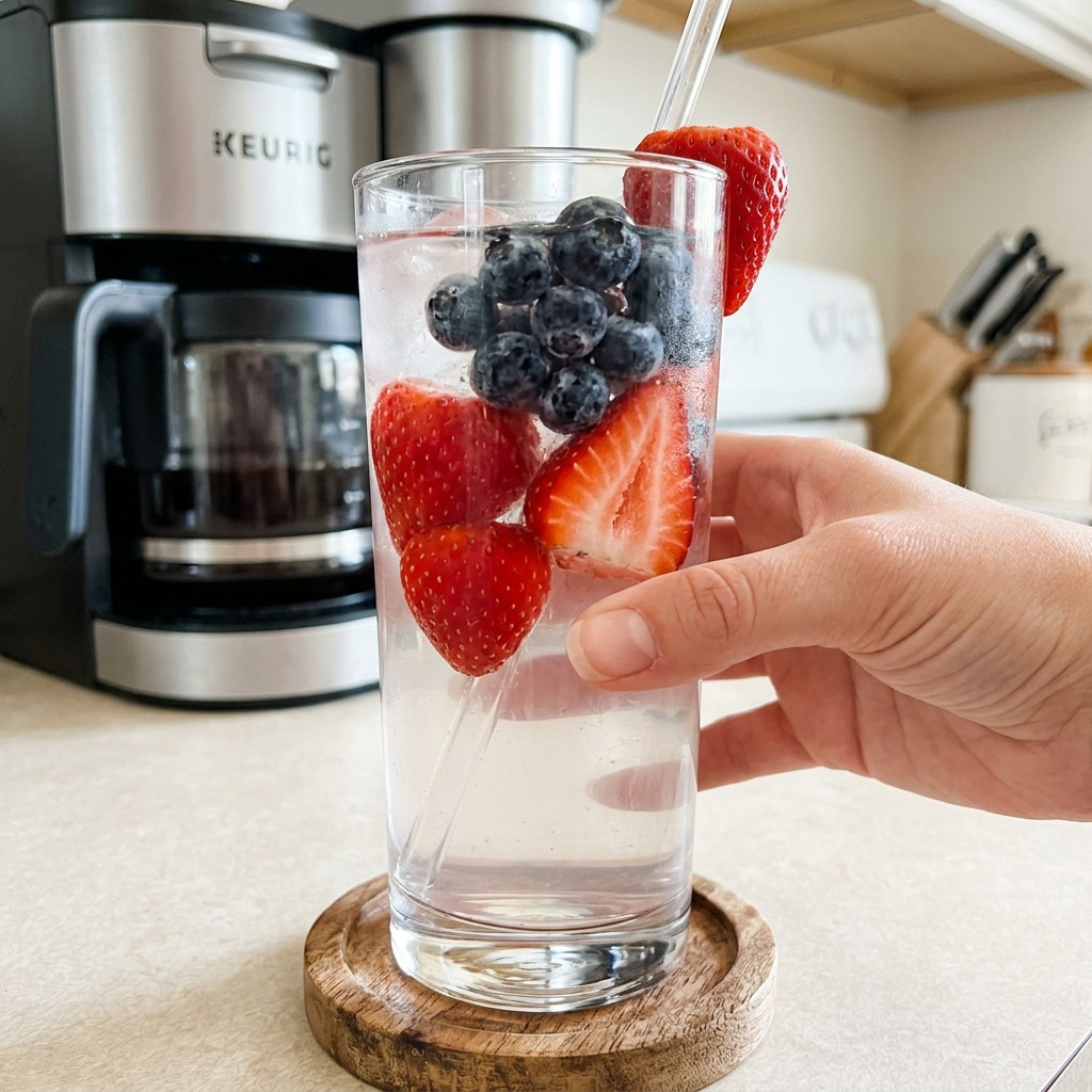 Person holding a glass of iced Strawberry Refresher made with a Keurig, filled with fresh fruit.