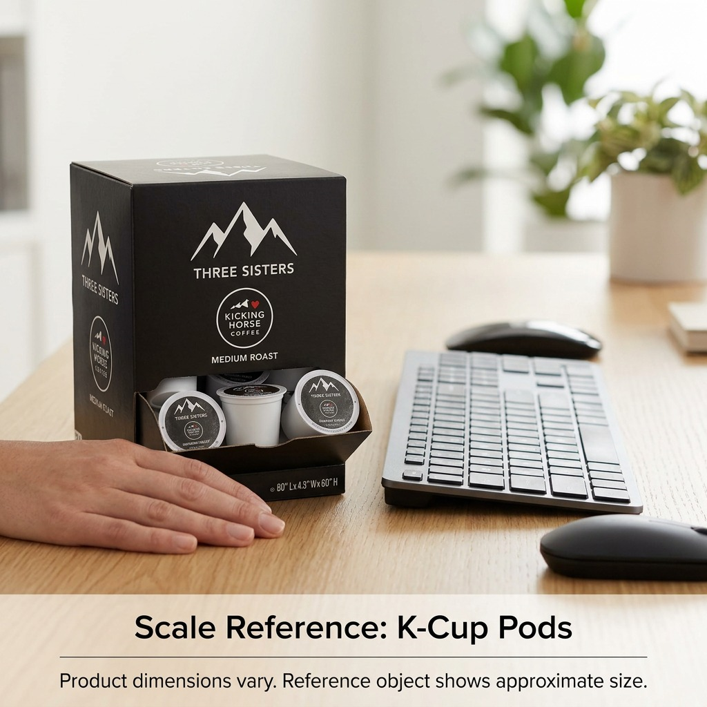 Kicking Horse Three Sisters 24ct K-Cup box on a desk next to a computer keyboard for size reference.