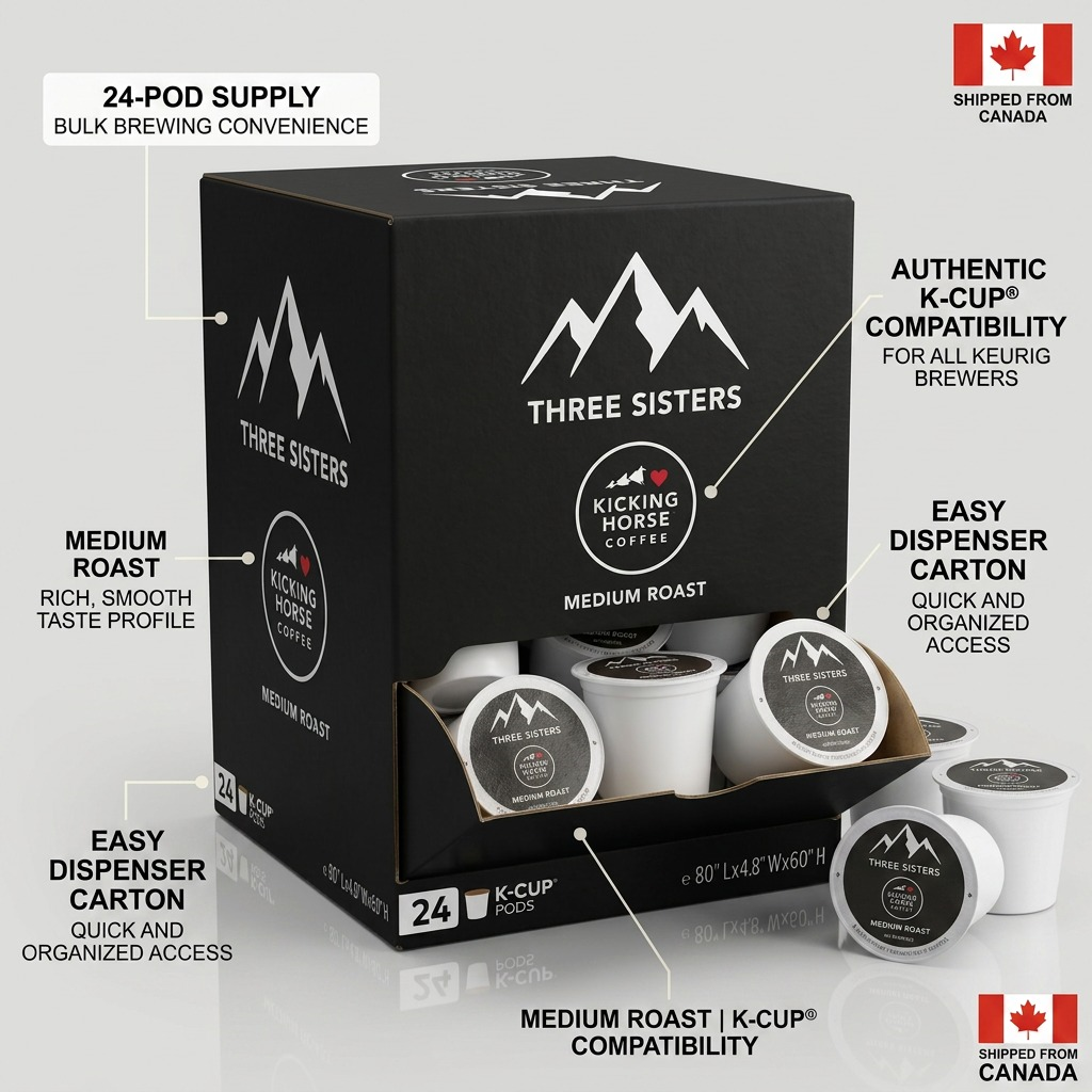 Kicking Horse Three Sisters Medium Roast 24-count K-Cup dispenser box with Keurig compatibility.