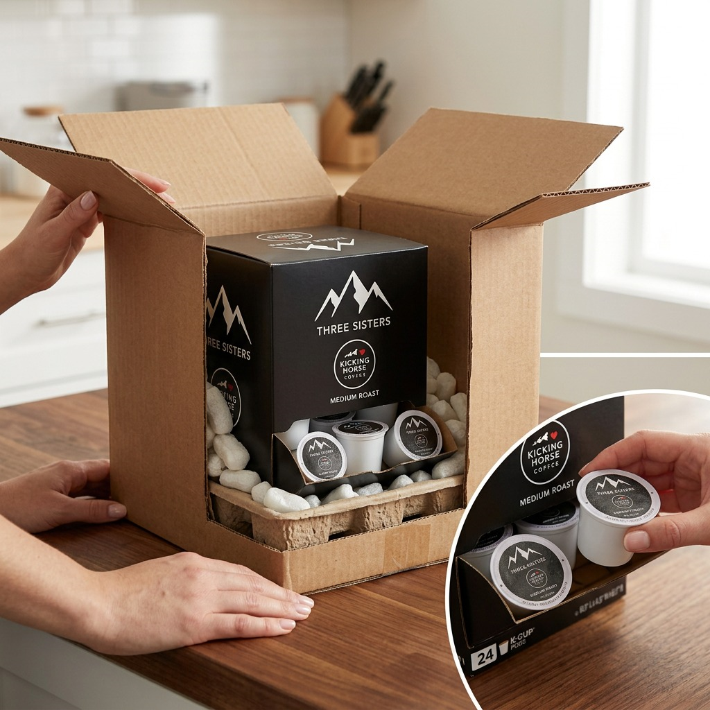 Unboxing Kicking Horse Three Sisters K-Cups from a padded cardboard shipping box.